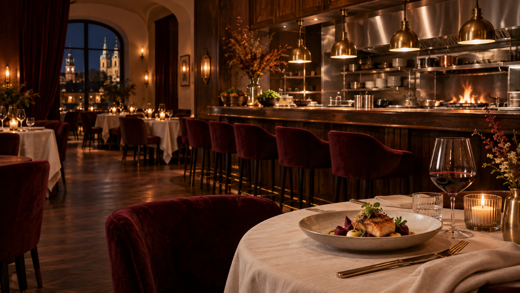 Wieczorne wnętrze restauracji Miedziany Talerz